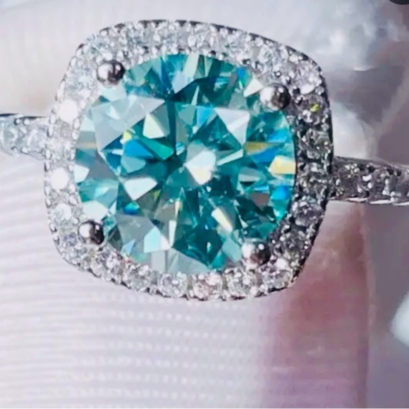 MOISSANITE 3 Carat Round Cyan Blue With Halo - Picture 3 of 8